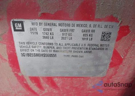 2017 Chevrolet Cruze Lt Auto z USA, uszkodzony, nr VIN 3G1BE5SM0HS560556